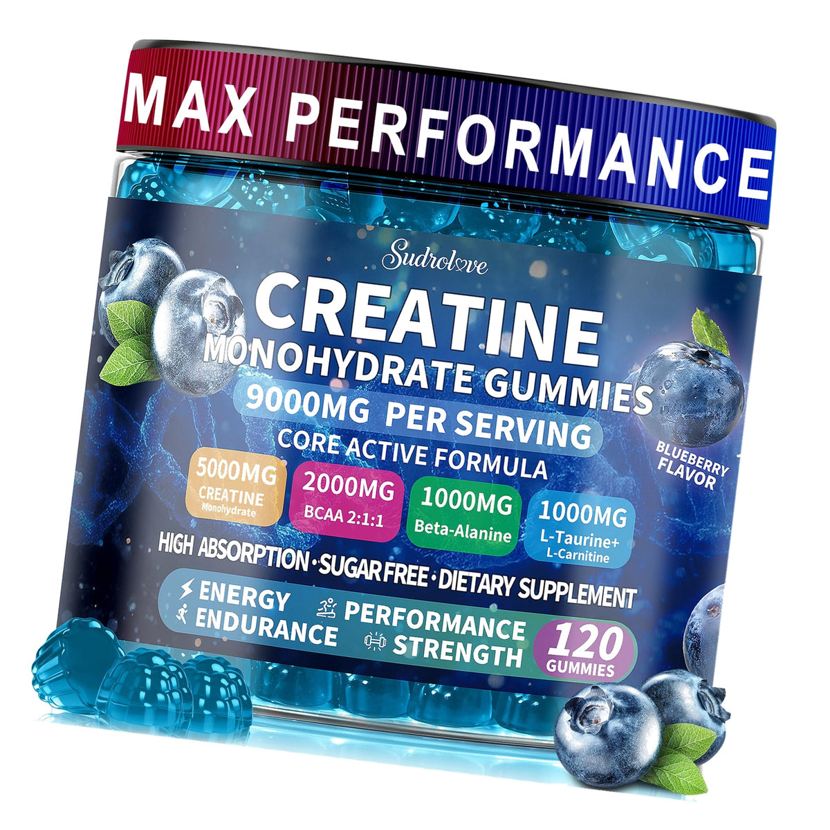 sudrolove Creatine Monohydrate Gummies 5000mg for Women & Men,120 Count