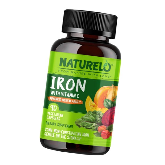 NATURELO Vegan Iron Supplement with Vitamin C & Organic Whole Foods, 90 Ct