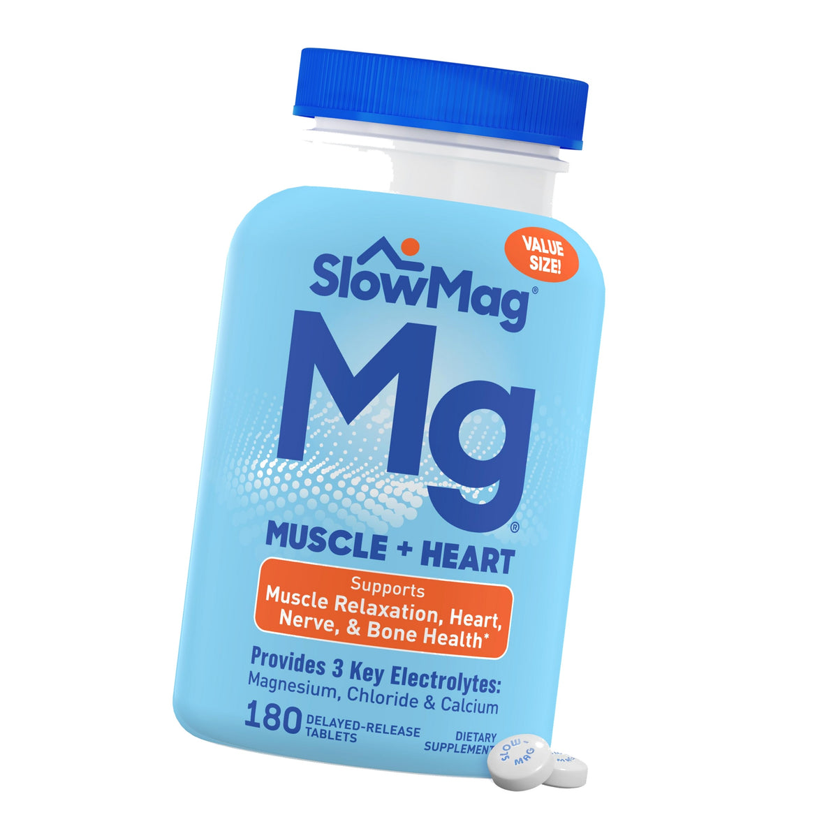 SlowMag Muscle & Heart Magnesium Chloride Supplement with Calcium, 180 Count, Supports Muscle Relaxation, Heart, Nerve & Bone Health, High Absorption
