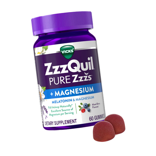 ZzzQuil Pure Zzzs + Magnesium, Sleep Aid, Magnesium Citrate and Melatonin Gummies, Melatonin 2mg, Sleep Aids for Adults, Mixed Berry Flavored, 60 Sleep Gummies