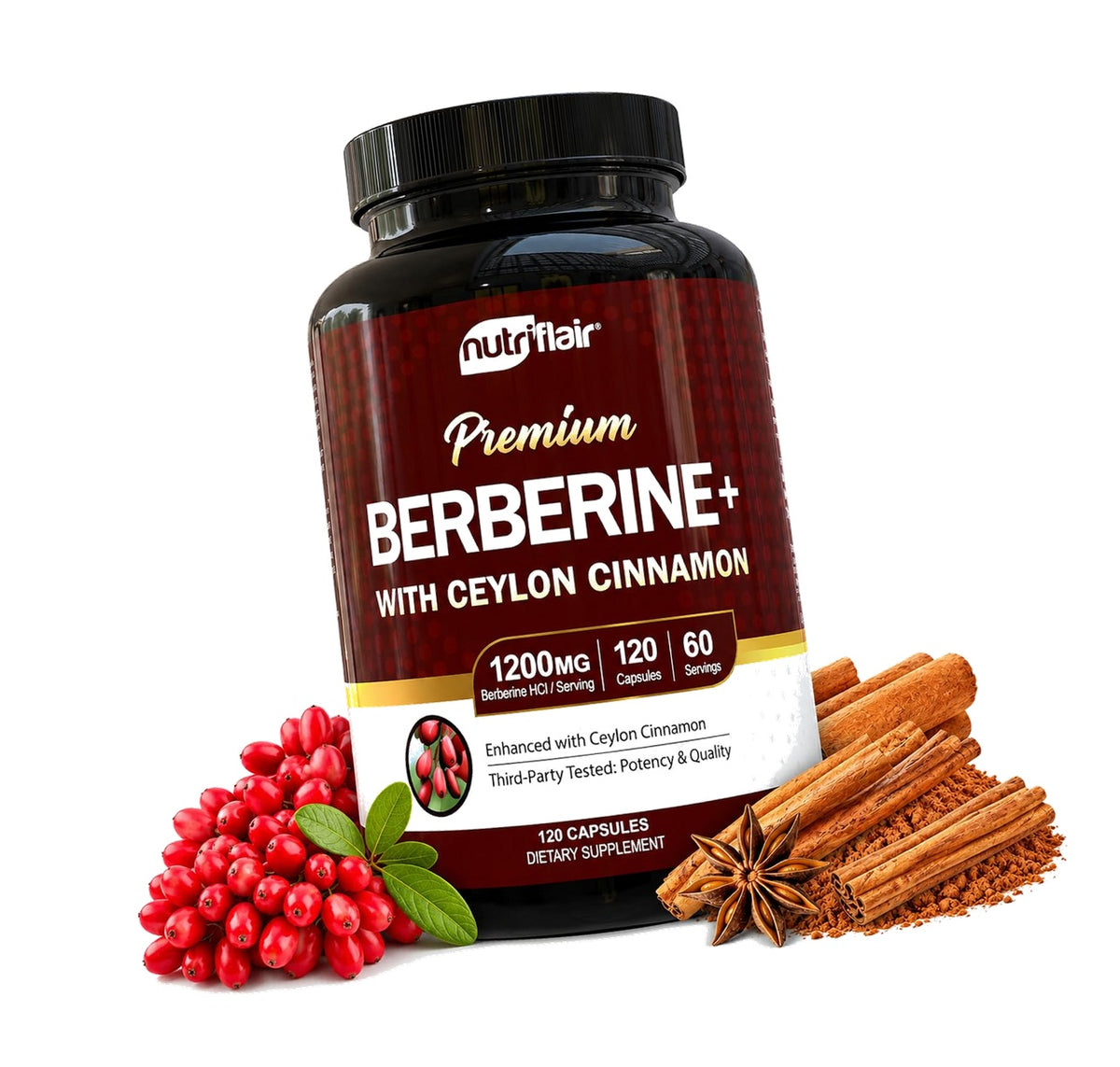 NutriFlair Berberine HCl 1200mg with Ceylon Cinnamon, 120 Capsules