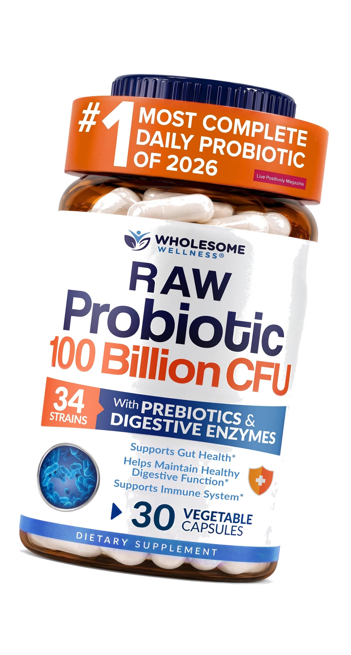 Wholesome Wellness Organic Raw Probiotics 100 Billion CFU, Dr Formulated for Women and Men, Complete Adult Supplement with Prebiotics, Probiotics and Digestive Enzymes; 30 Capsules