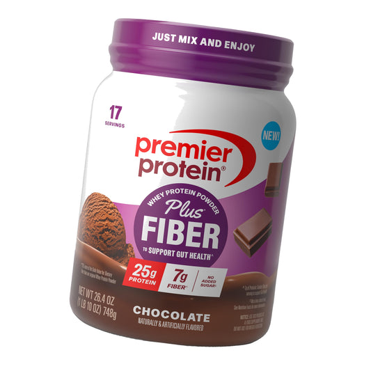 Premier Protein Powder Plus Fiber, Chocolate, 25g Protein, 7g Fiber to Support Gut Health, No Added Sugar (17 Servings)