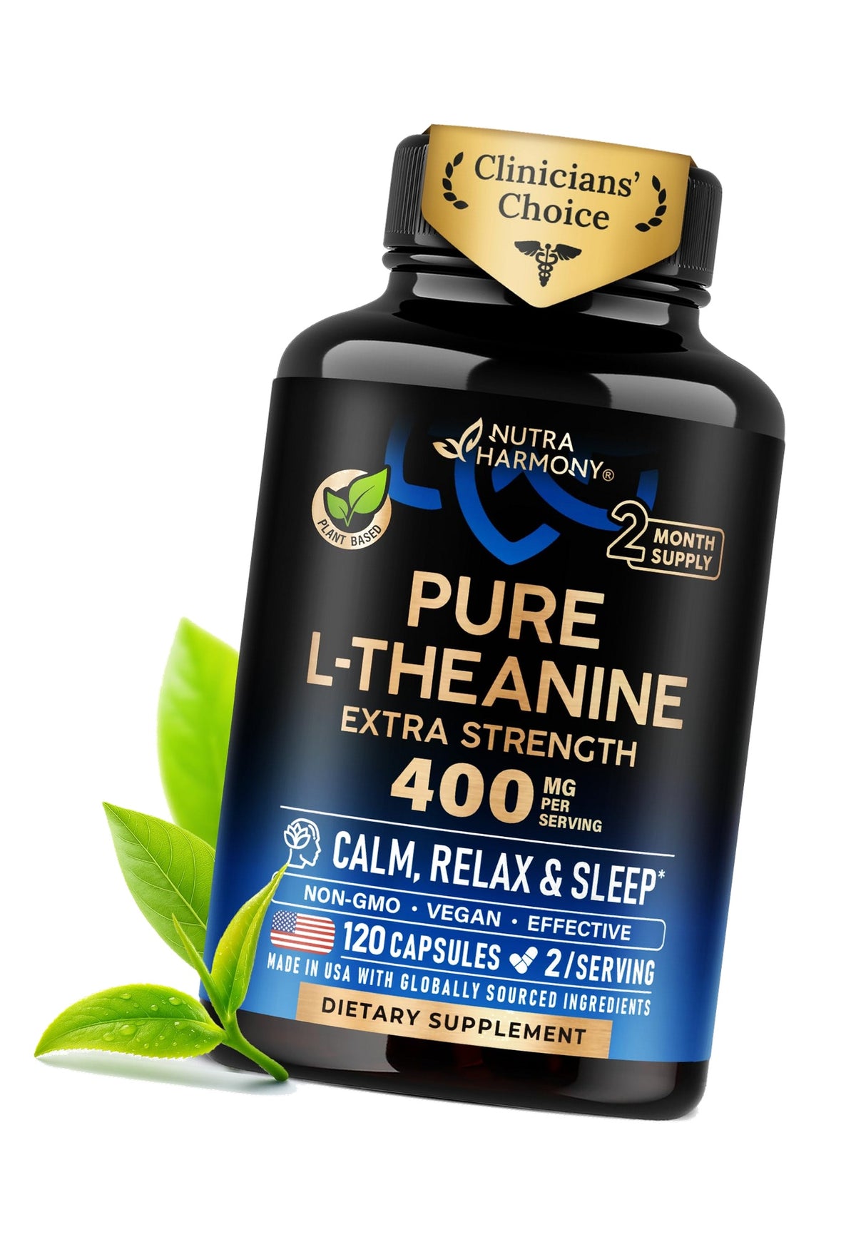 L-Theanine 400 mg - L Theanine for Stress Relief - Plant Based - 120 Caps