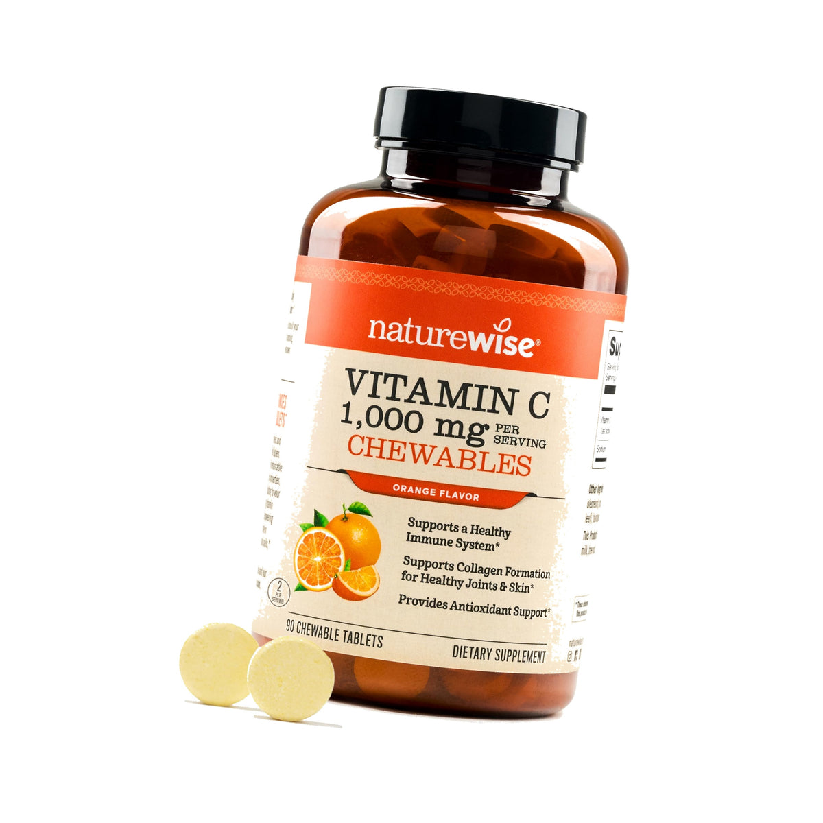 NatureWise Extra Strength Vitamin C Chewable 1000mg for Adults - Natural Orange Flavor - Immune System & Antioxidant Support - Non-GMO, Vegan & Sugar Free - 90 Chewable Tablets[45-Day Supply]