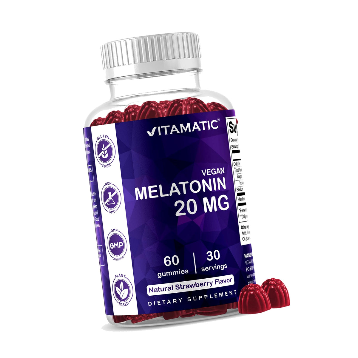 Vitamatic Melatonin 20 mg Gummies, Vegan, Strawberry, 60 Count