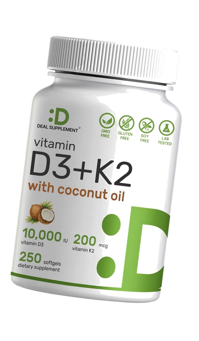 DEAL SUPPLEMENT Vitamin D3 10,000 IU + K2 MK7 200mcg Softgels, 250 Count | 2-in-1 Complex with Virgin Coconut Oil | Easy to Swallow