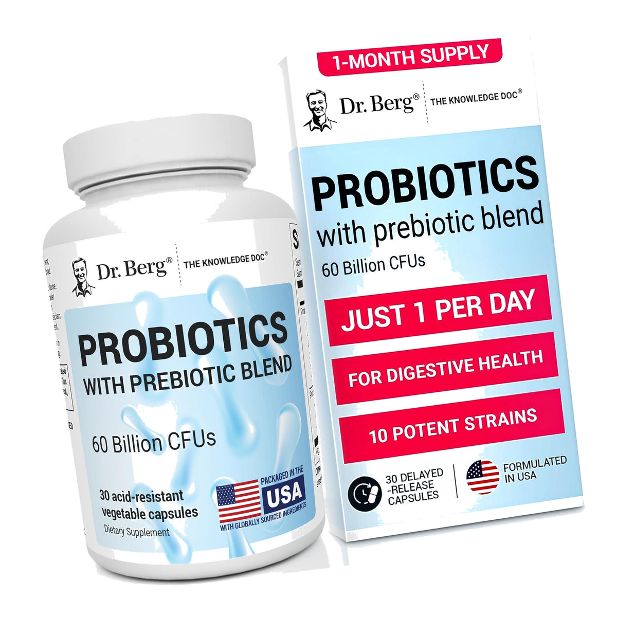 Dr. Berg Probiotic Supplement (60 Billion CFUs) - Helps Ease Occasional Constipation, Diarrhea, Gas & Bloating* - Pre and Probiotics for Digestive Health - 30 Probiotic Capsules