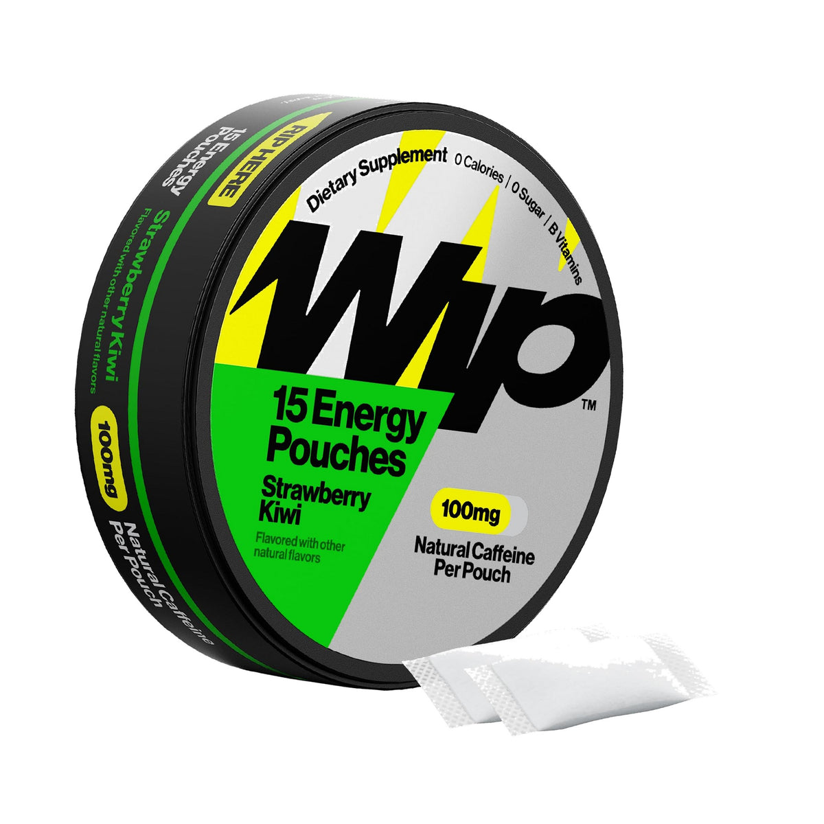 Wip Energy Pouches | 100mg Natural Caffeine | Vitamins and Minerals | Strawberry Kiwi | 15 Pouches Per Can | 1 Can