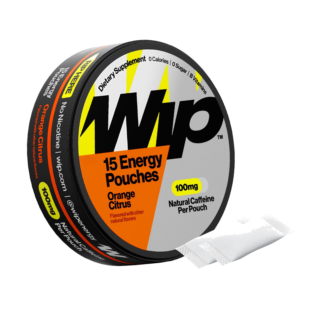 Wip Energy Pouches | 100mg Natural Caffeine | Vitamins and Minerals | Orange Citrus | 15 Pouches Per Can | 1 Can