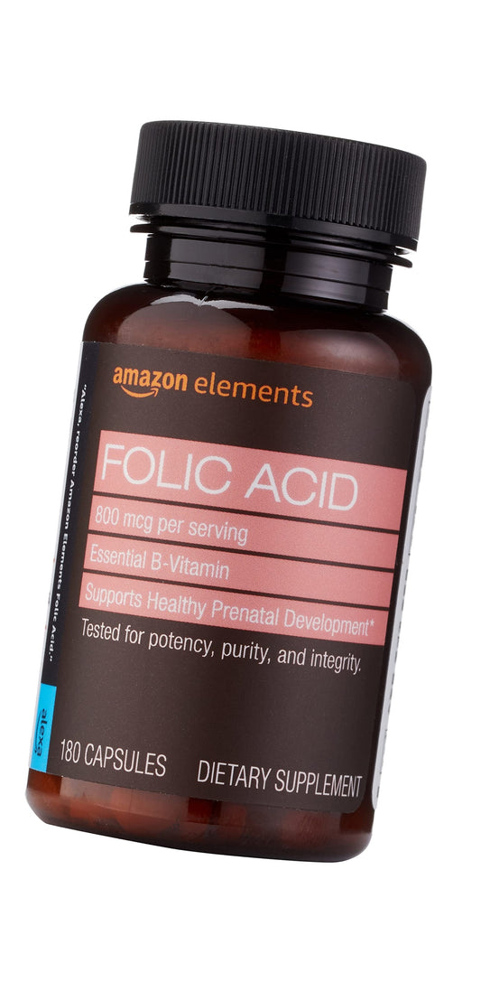 Amazon Elements - Folic Acid, 800 mcg per serving, Tablet, 180 Count, Pack of 1, Women's Dietary Supplement for Healthy Prenatal Development, 6 Months of Supply