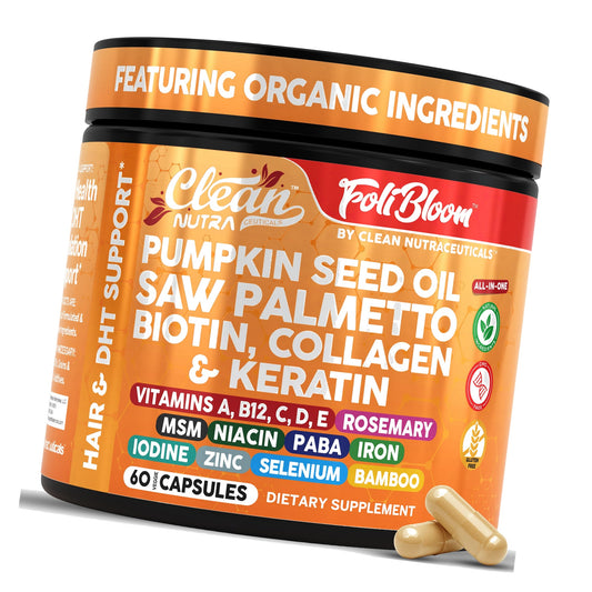Clean Nutra Pumpkin Seed Oil Capsules + Saw Palmetto Biotin Collagen Keratin MSM Folate Hyaluronic Acid Supplements B12 Zinc Hair Supplement for Women Men Iodine 5-MTHF B-12 Vitamin B9-60 Pills