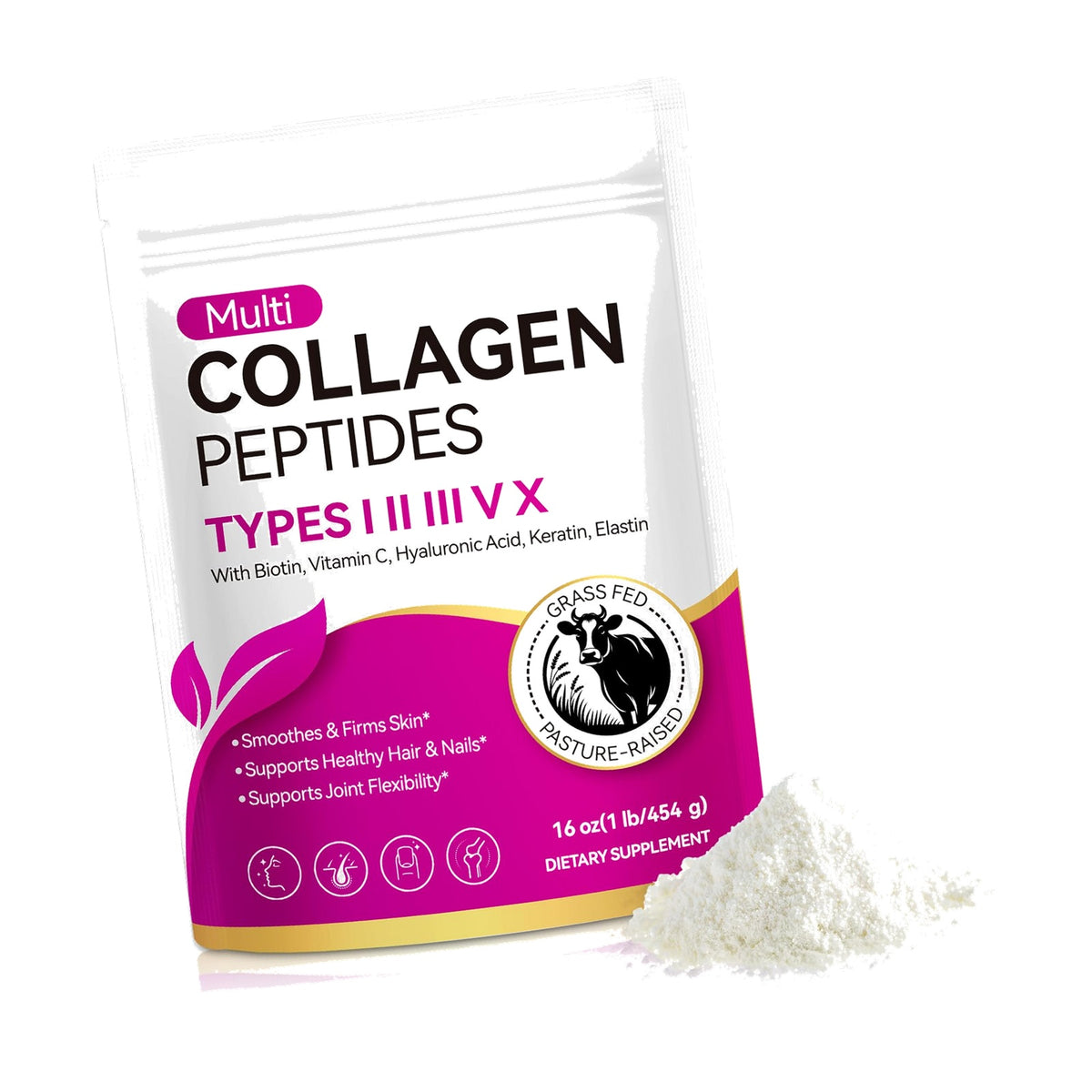 bnHUlMXw Multi Collagen Peptides Powder,Type I, II, III, V, X,with Biotin,Vitamin C,Hyaluronic Acid,Supports Healthy Joint, Hair, Skin & Nail Support,Grass-Fed, Non-GMO,16oz