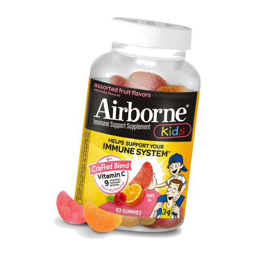 Airborne Kids 500mg Vitamin C Gummies, Kids Immune Support Zinc Gummies with Powerful Antioxidants VIT C & E - 63, Assorted Fruit Flavor