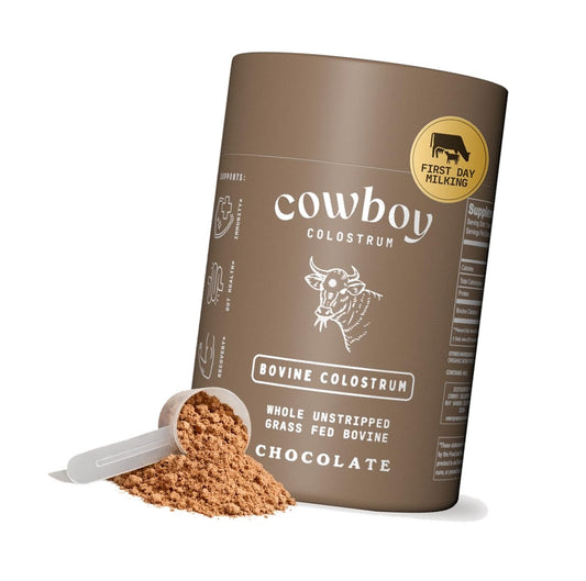Cowboy - The Exclusive 1st Milking, Whole, Grass Fed Colostrum Supplement for Full Body Health - Bovine Colostrum Powder Packed w/Active Nutrients - Sugar Free (Chocolate, 40 Servings)