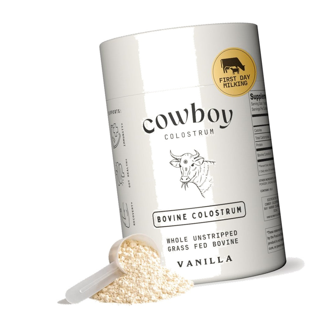 Cowboy - The Exclusive 1st Milking, Whole, Grass Fed Colostrum Supplement for Full Body Health - Bovine Colostrum Powder Packed w/Bioactive Nutrients - Sugar Free (Vanilla, 40 Servings)
