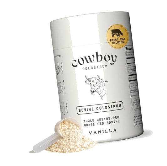 Cowboy - The Exclusive 1st Milking, Whole, Grass Fed Colostrum Supplement for Full Body Health - Bovine Colostrum Powder Packed w/Bioactive Nutrients - Sugar Free (Vanilla, 40 Servings)