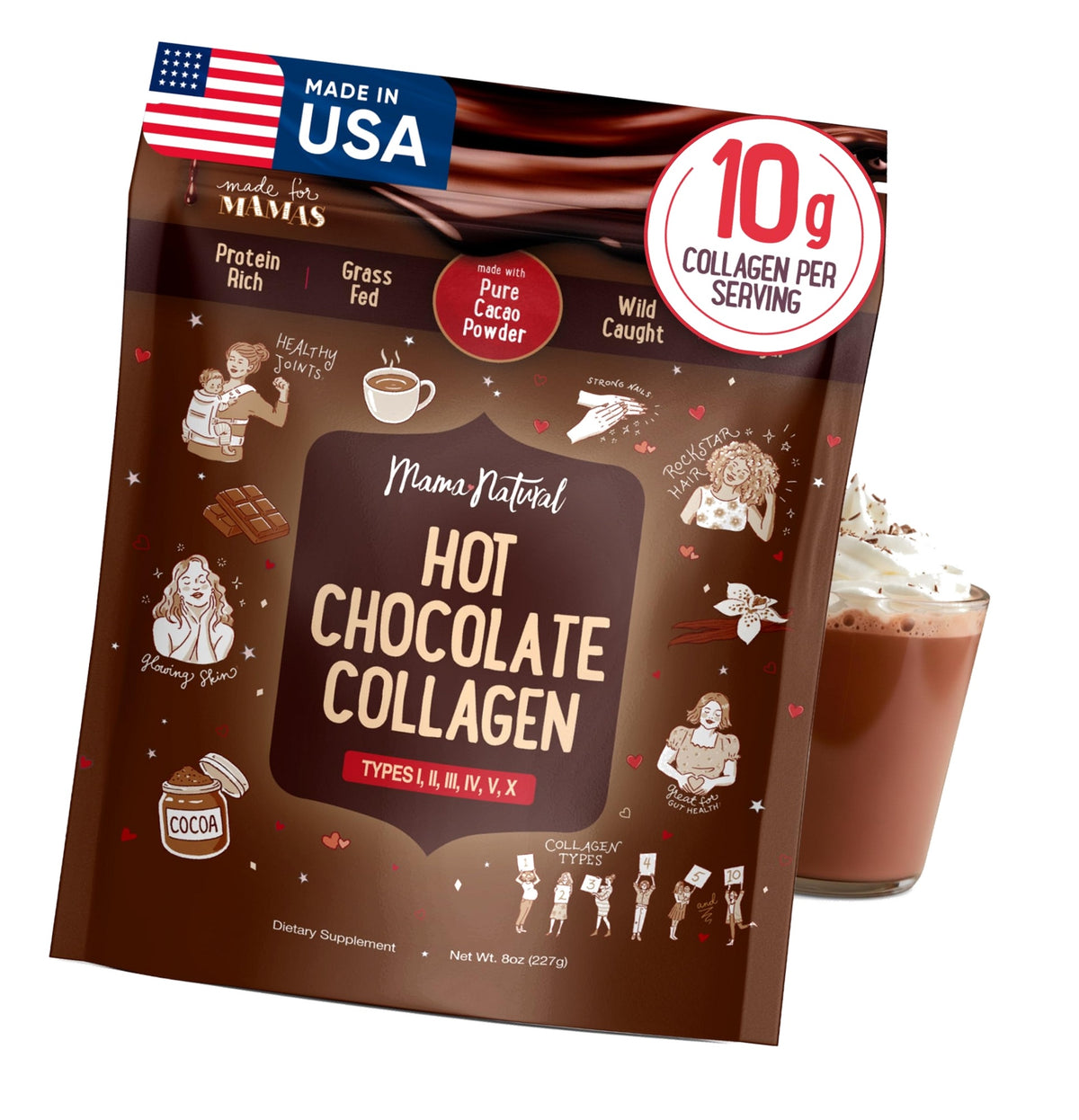 Mama Natural Hot Chocolate Multi Collagen Protein Powder, Made with Organic Cacao, Types 1, 2, 3, 4, 5, 10 Collagen Peptides Powder - Grass Fed Beef, Wild Fish Marine & USA Eggshell - 16 Servings