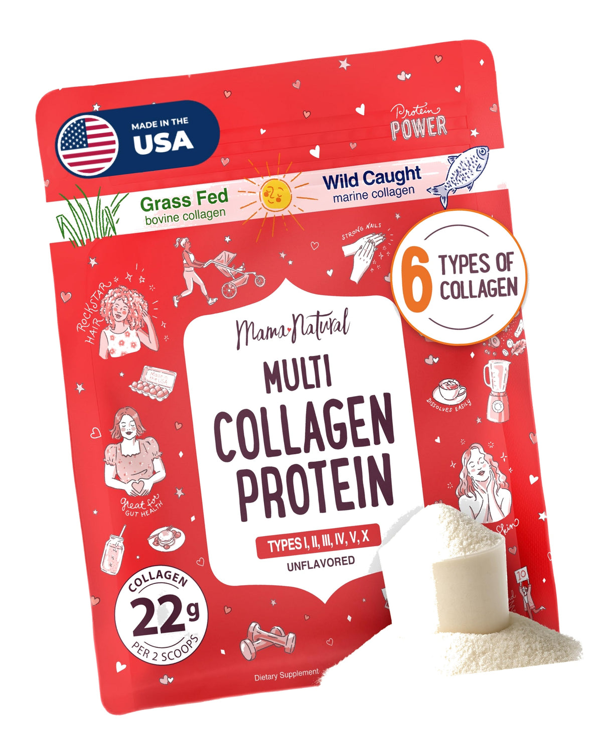 Multi Collagen Protein Powder Type I II III IV V X - Unflavored & Hydrolyzed 16Oz Pure Collagen Peptides Powder - Grass Fed Beef, Wild Fish Marine & USA Eggshell - Whole Body Collagen