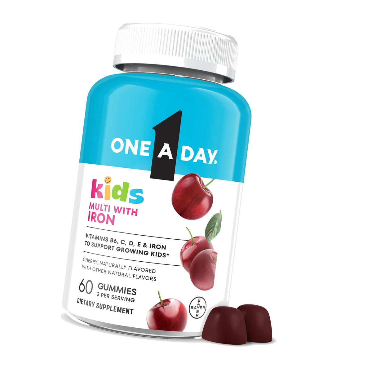 One A Day Kids Multivitamin with Iron Gummy, Vitamin D, Vitamin C, E, Zinc for Immune Support, Gummy Vitamins, Kids Multivitamin Gummies with Iron, Cherry Flavor, 60 Count (Packaging May Vary)