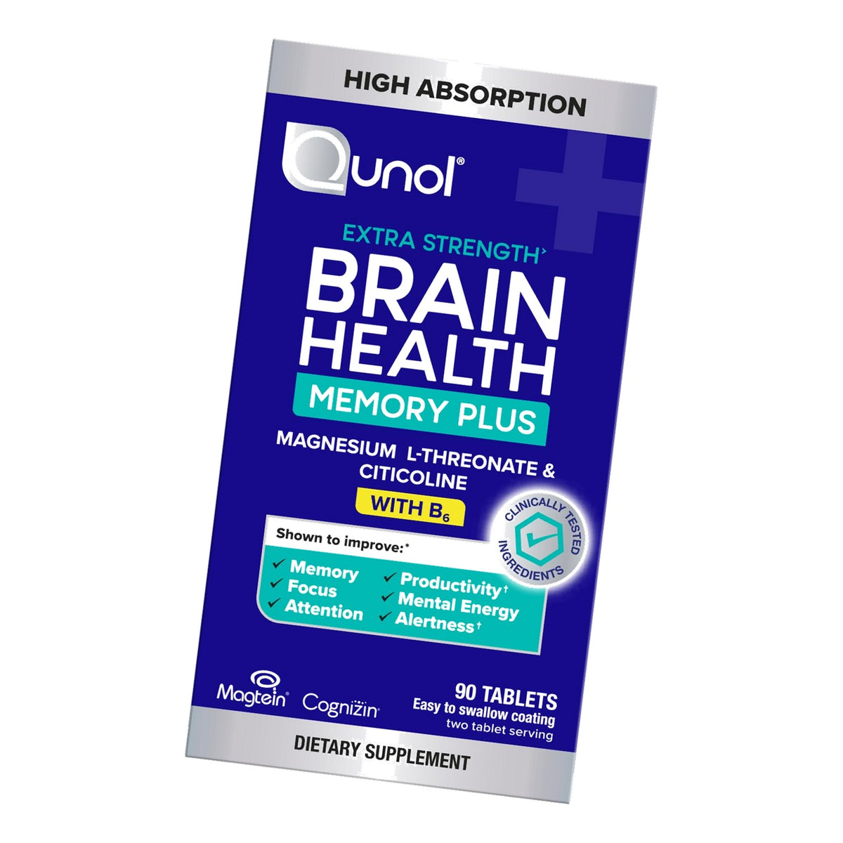 Qunol Brain Health Memory Plus w/Magtein, Cognizin & Vitamin B6, 90ct