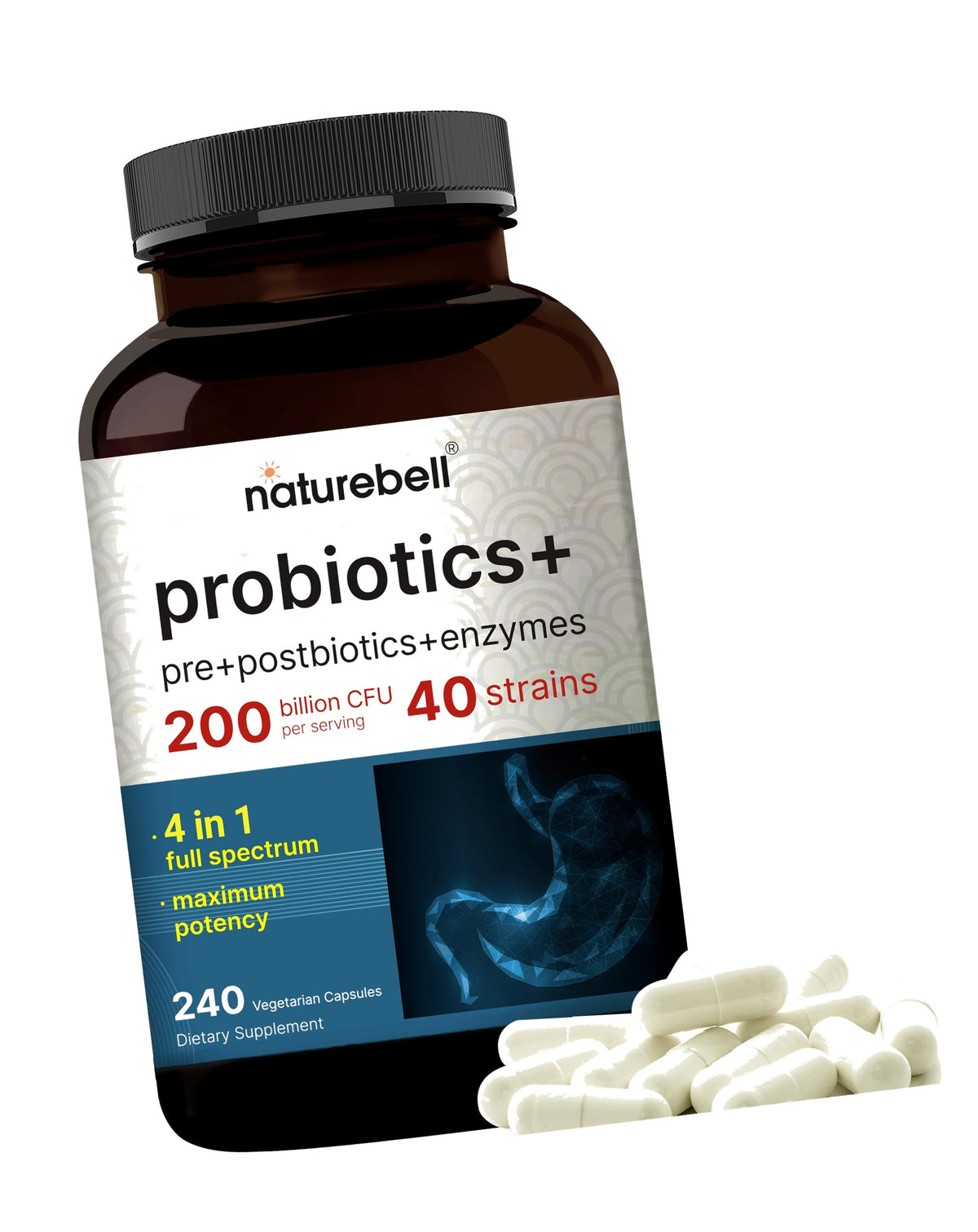 NatureBell Probiotics 200 Billion CFU Per Serving, 40 Strains, 240 Capsules