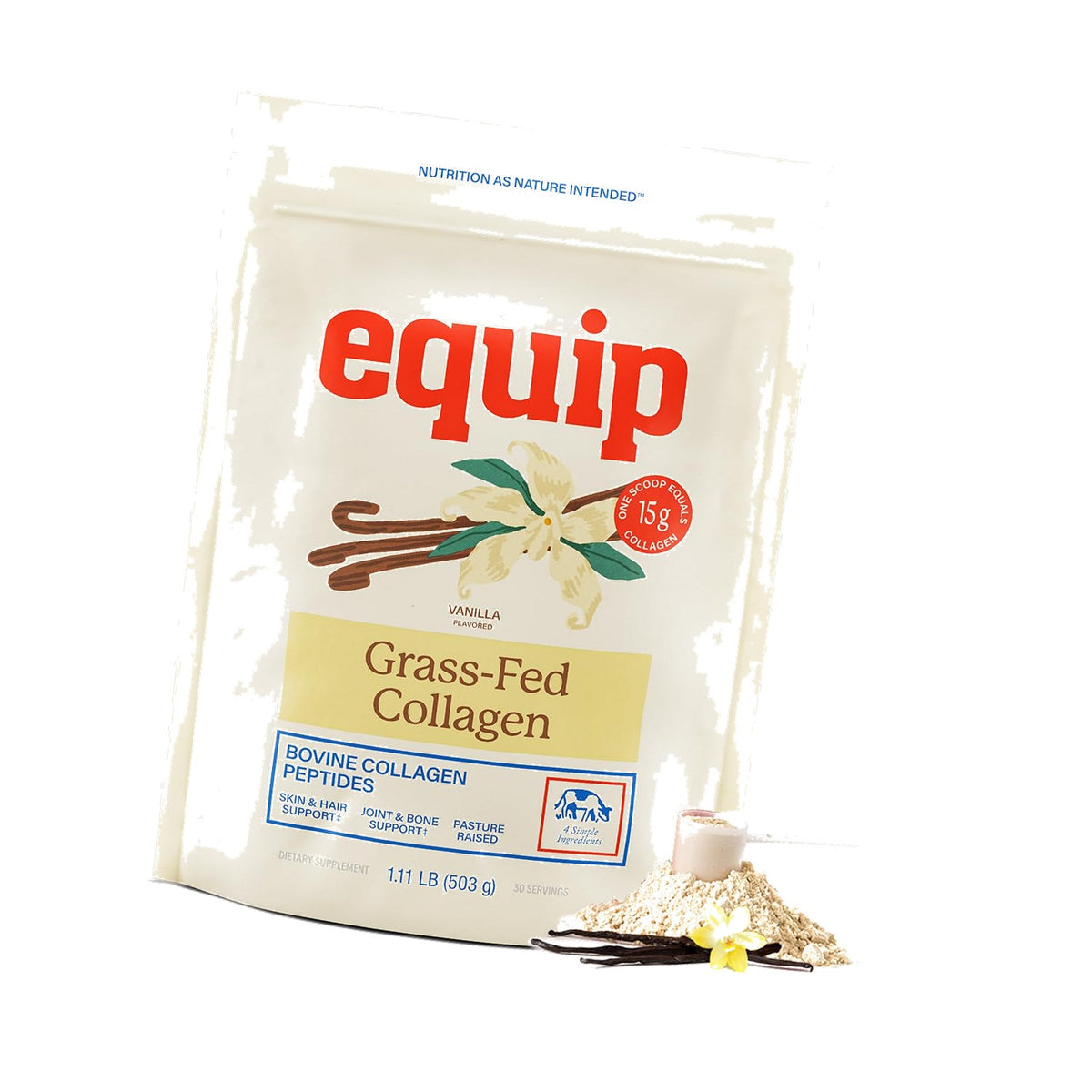 Equip Grass-Fed Hydrolyzed Collagen Powder - Pasture-Raised Bovine Collagen Peptides Powder - 14g Per Scoop - Clean, Daily Supplement for Joints, Gut, Skin, Hair & Nails - Vanilla (30 Scoops)