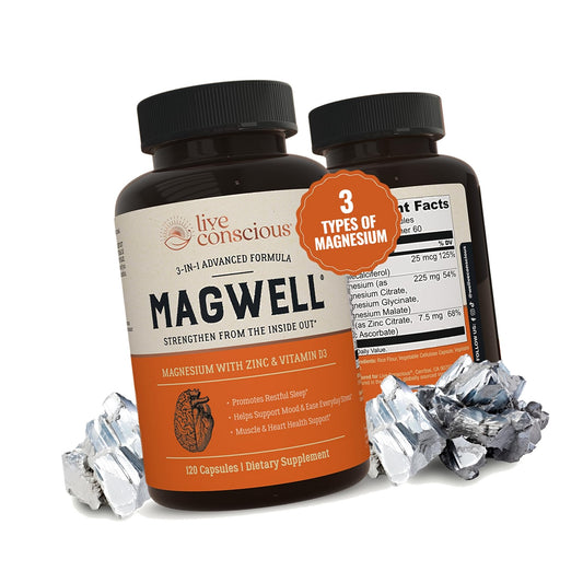 Live Conscious Magwell Magnesium Zinc & Vitamin D3 - Magnesium Glycinate, Malate, & Citrate - Triple Supplement for Women & Men - for Sleep, Bone, Heart, Immune Support - 120 Caps