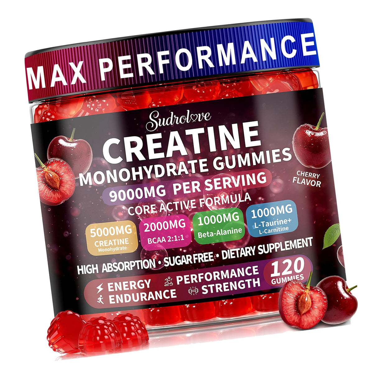 sudrolove Creatine Monohydrate Gummies 5000mg for Women & Men,120 Count