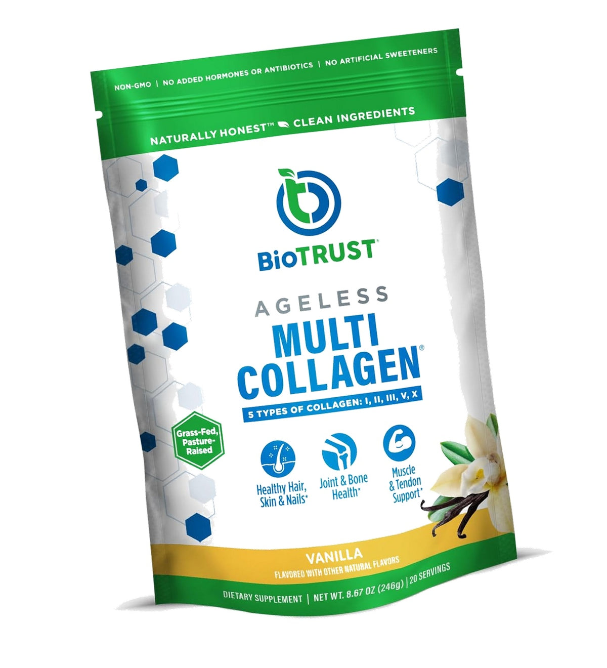BioTrust Multi Collagen Peptides Vanilla Powder - Hydrolyzed, Grass Fed