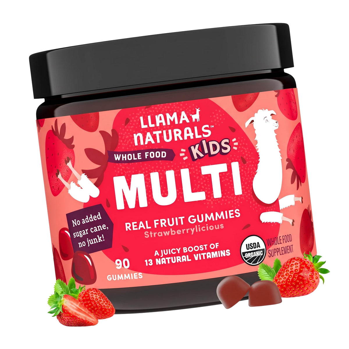 Llama Naturals Kids Multivitamin Gummies | Real Fruit, No Added Sugar Cane | Organic Vegan Toddler Whole Food Vitamins | Vitamin D, C & Beta Carotene Gummy Supplement | Strawberry 90 Ct (1-2 Months)