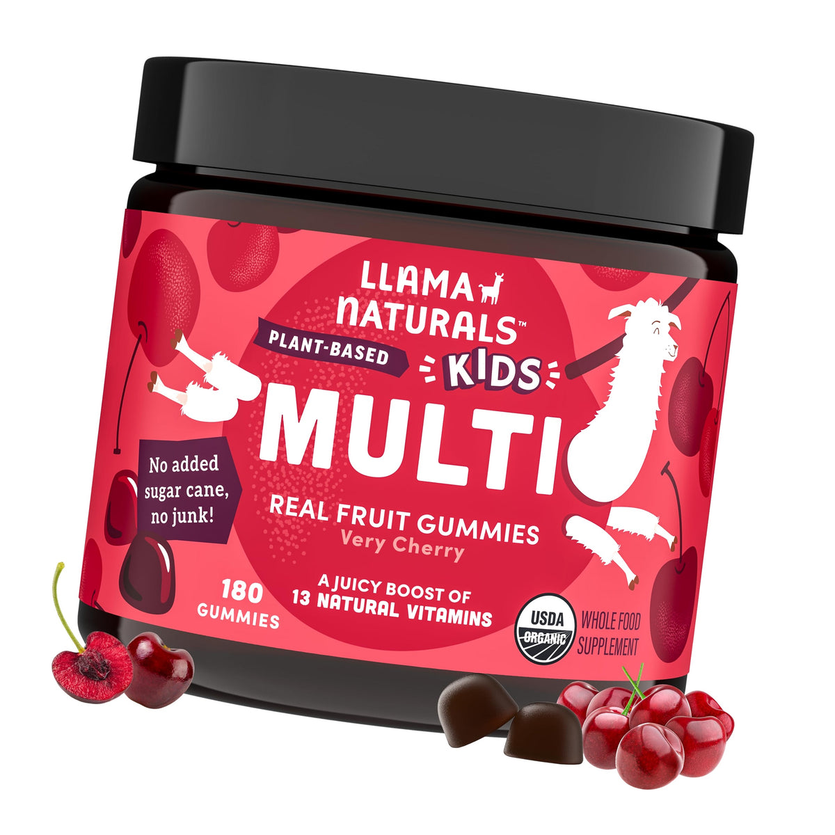 Llama Naturals Kids Multivitamin Gummies | Real Fruit, No Added Sugar Cane | Organic Vegan Toddler Whole Food Vitamins | Vitamin D, C & Beta Carotene Gummy Supplement | Cherry 180 Ct (2-3 Months)
