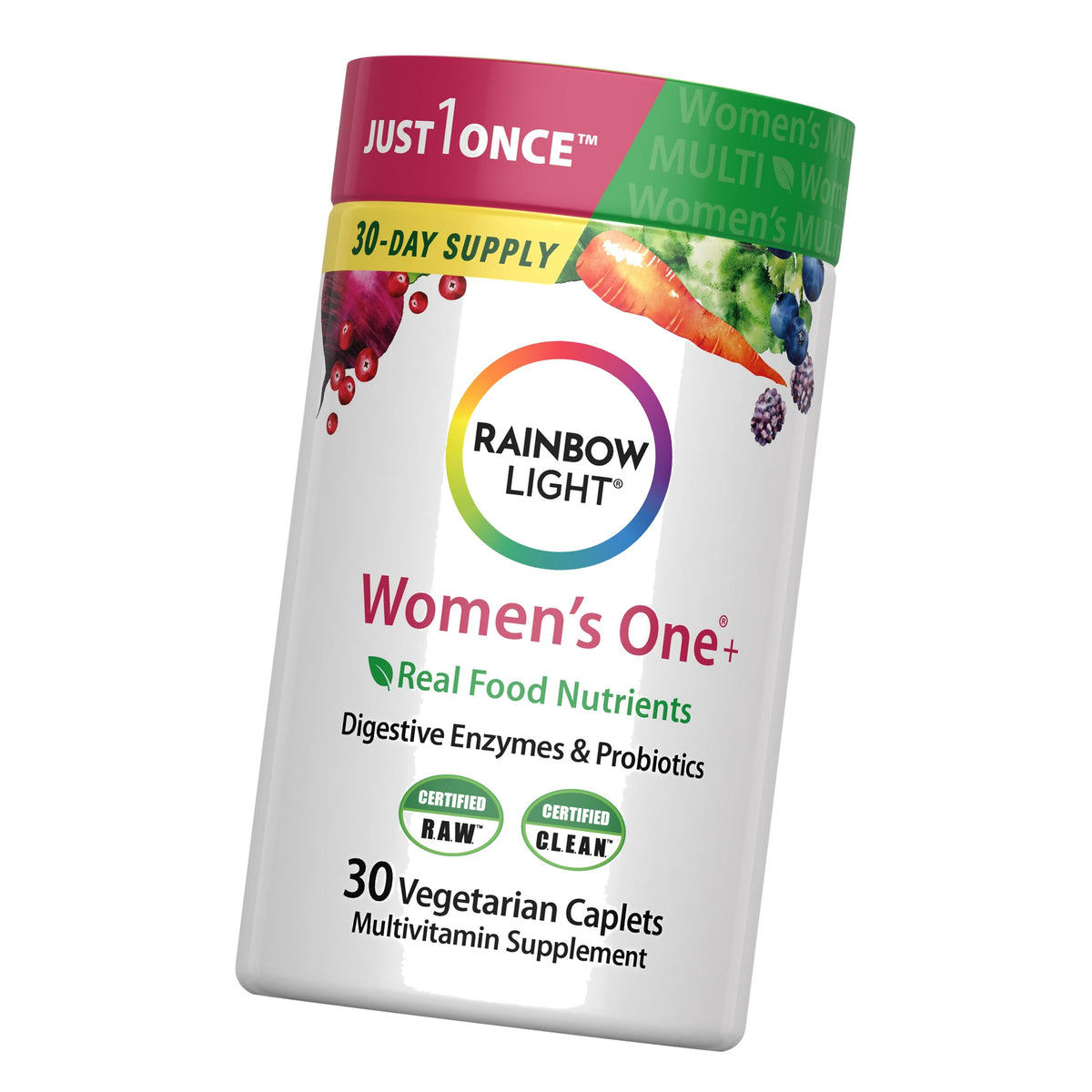 Rainbow Light Womens Multivitamin One + | 30 Caplets | Real Food Nutrients, Digestive Enzymes & Probiotics