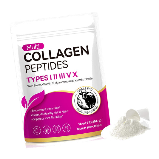 Multi Collagen Peptides Powder - Types I, II, III, V, X – Grass Fed, Pasture Raised - Supports Skin, Hair, Nails & Joints - Flavorless, Hydrolyzed, Easy to Mix - Non-GMO, Gluten-Free, Dairy-Free