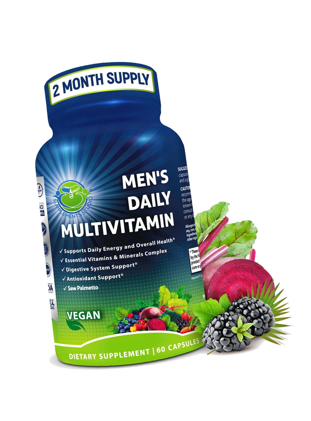 Vegan Methylated Multivitamin for Men - Saw Palmetto, Biotin & Probiotics