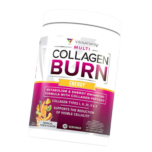 Multi Collagen Burn: MultiType Hydrolyzed Protein Peptides with Hyaluronic Acid, Vitamin C, SOD B Dimpless, Types I, II, III, V and X, with Caffeine 30 Servings Tropical Punch Flavored