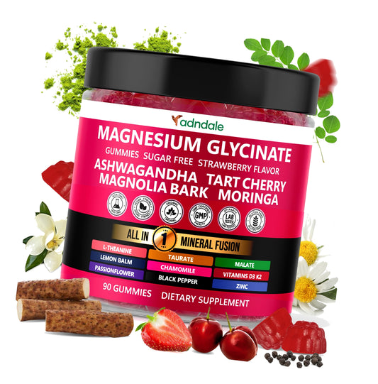 Adndale Magnesium Glycinate 400 mg Gummies with Ashwagandha, Magnesium Malate & Taurate, Tart Cherry, Magnolia Bark, Lemon Balm, Passionflower, Chamomile, L-Theanine, Zinc, Vitamin K2 & D3. 90CT