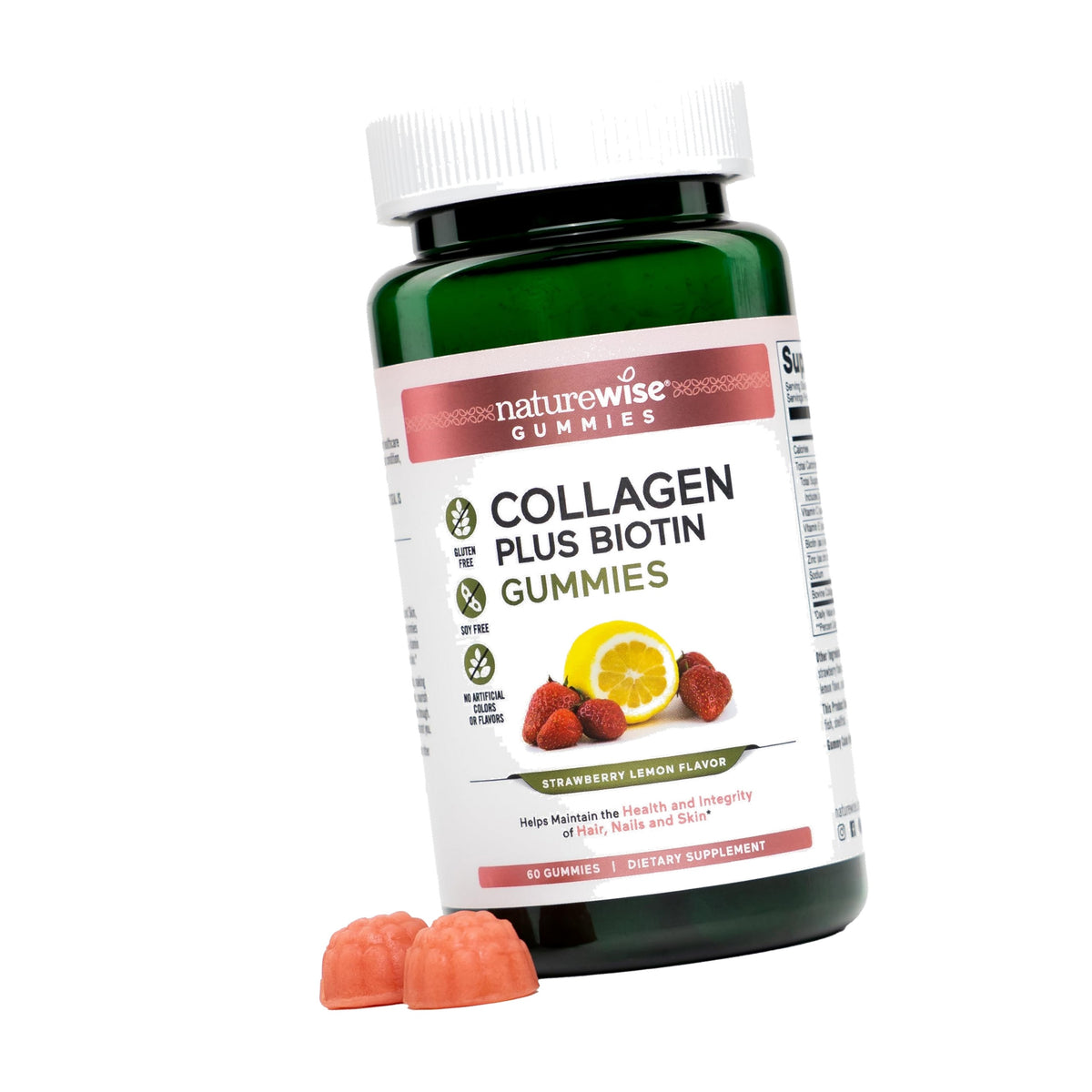 NatureWise Collagen Gummies - Hydrolyzed Collagen Gummies - Type 1 & 3 Peptides for Women + Biotin, Vitamin C, E, & Zinc for Hair Skin and Nails Support - 60 Count[1-Month Supply]