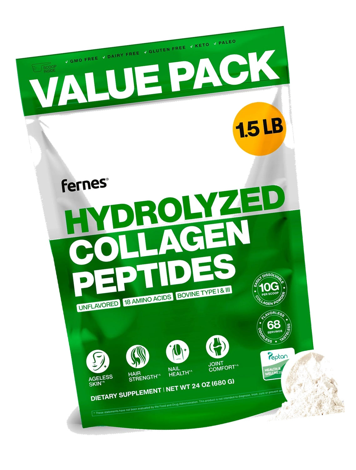 Fernes Collagen Peptides for Women Men (1.5LB) Type I & III Flavorless & Odorless Easy-Mix Hydrolyzed Peptan Protein Joint Hair Skin & Nail Support Gluten-Free Non-GMO Keto & Paleo Grass-Fed Kosher