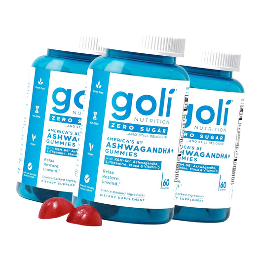 Goli Zero Sugar Ashwagandha & Vitamin D, Maca, L-Theanine Gummies, No Artificial Sweeteners, No Sugar Alcohols. Mixed Berry, KSM-66, Vegan, Plant Based, Non-GMO, Gluten-Free & Gelatin Free. (3)