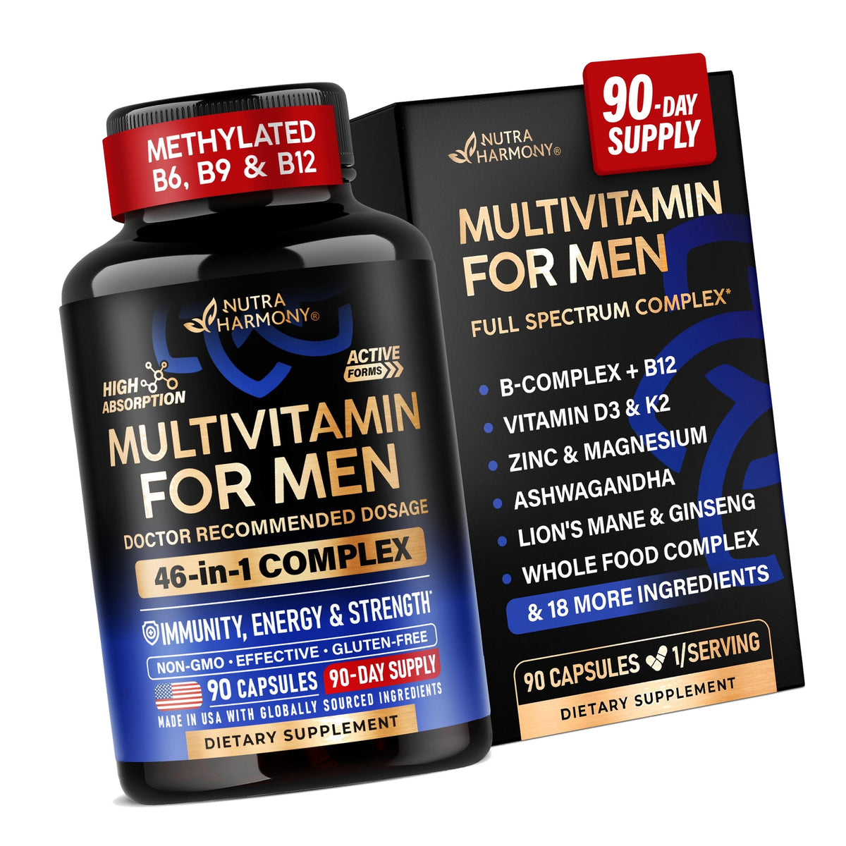 Multivitamin for Men - B-Complex & B12 | Whole Foods & Enzymes - 90 Caps