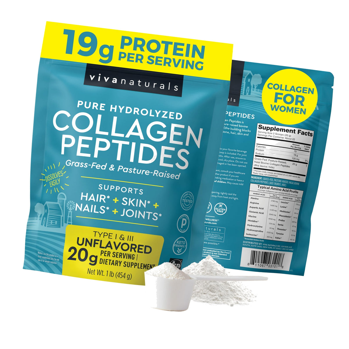 Viva Naturals Collagen Peptides Powder - Grass-Fed Hydrolyzed Bovine, Type I & III - 19 g Protein, Unflavored, Easy Dissolving - Joint, Skin, Hair & Nail Support - Paleo, Keto, Non-GMO - 1lb