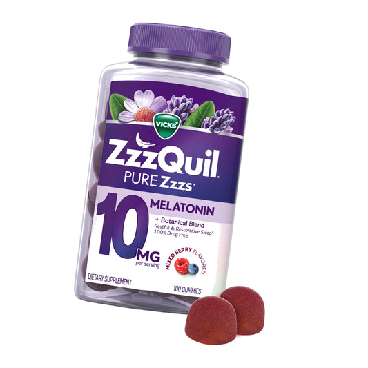 ZzzQuil Pure Zzzs Advanced Melatonin Gummies, Melatonin 10mg, Sleep Aid, with Chamomile & Lavender, Melatonin Sleep Gummies, Sleep Aids for Adults, Berry Flavored, 100 Sleep Gummies