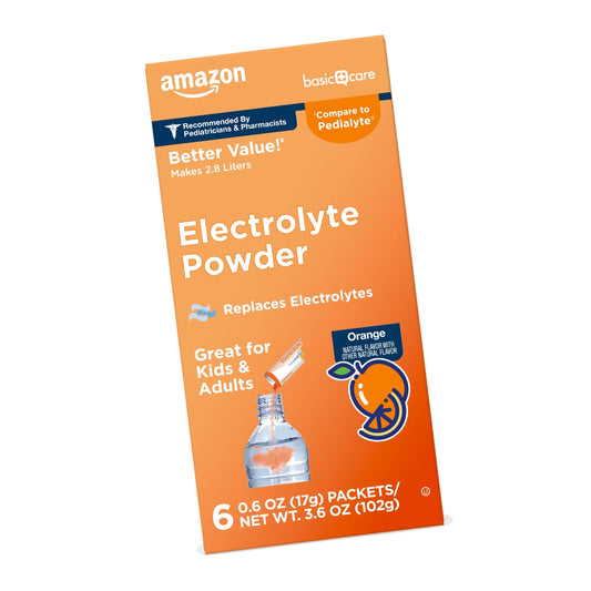 Amazon Basic Care Electrolyte Powder Packets for Kids & Adults, Orange Flavor, 6 Count (Pack of 1)