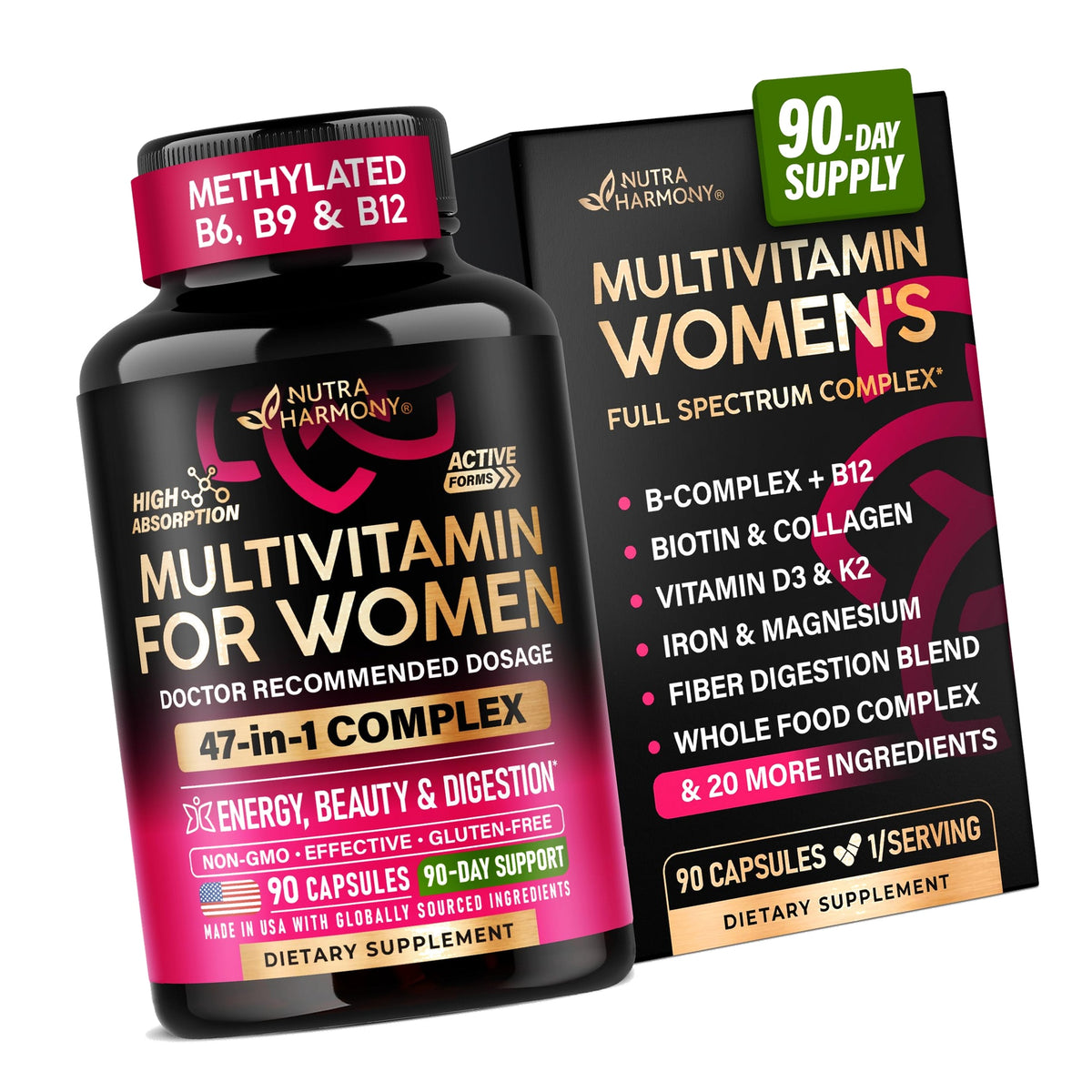 Multivitamin for Women 47in1 - B Complex, Biotin, D3 & K2, Iron - 90 Caps