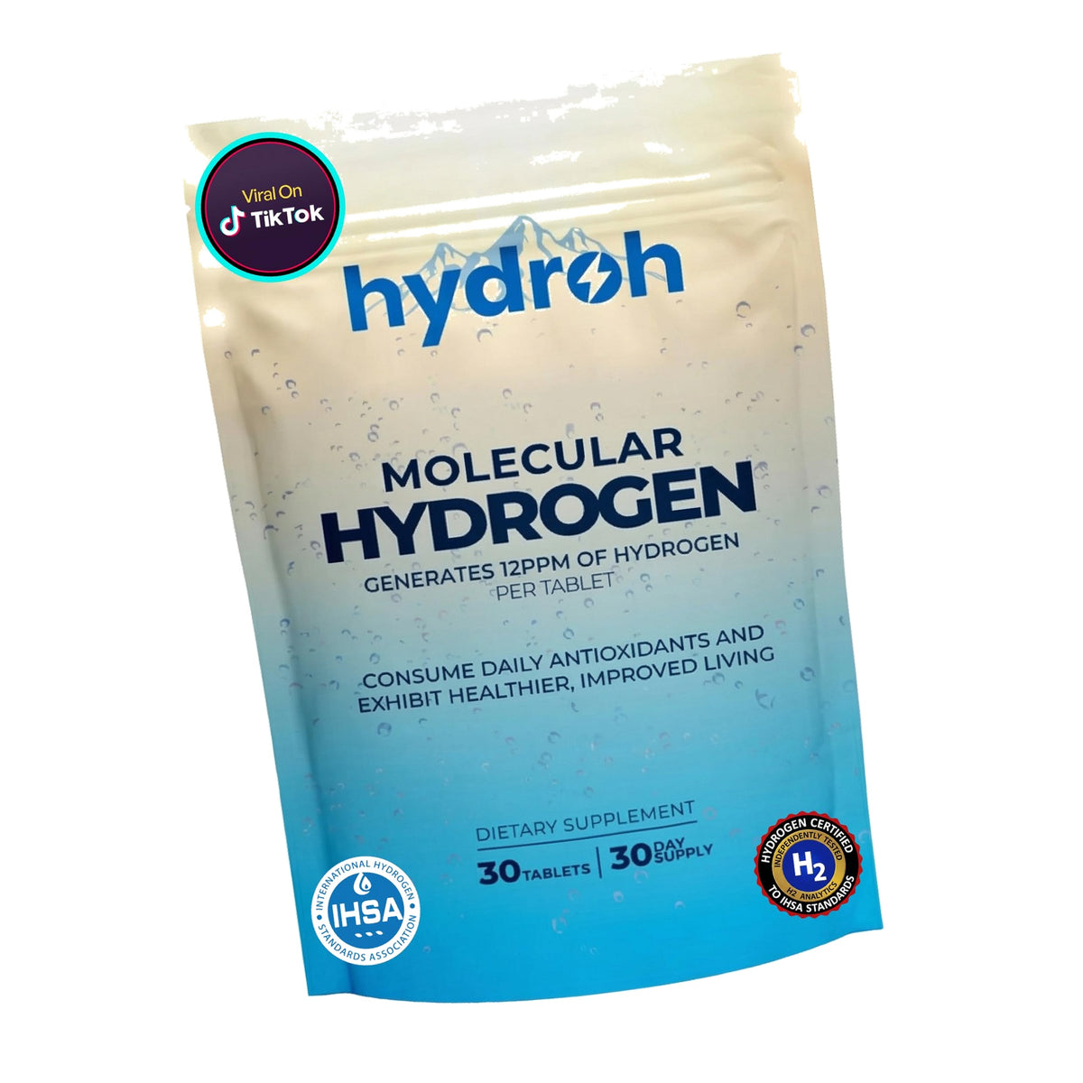 Hydrogen Water Tablets, Molecular Hydrogen Tablets for Drinking Water, Quick-Dissolving Unflavored H2 Tabs, Up to 12 PPM Hydrogen, No Equipment Needed (30 Count)