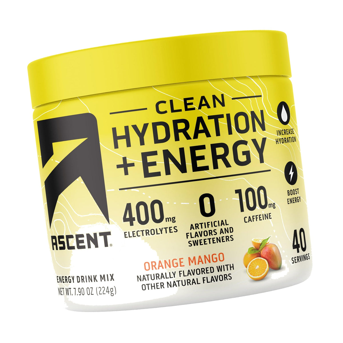Ascent Clean Hydration + Energy Electrolytes Powder - 100mg Caffeine, 400mg Electrolytes, No Artificial Ingredients, Orange Mango 40 Servings