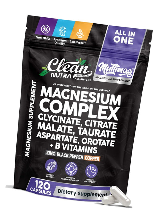 Clean Nutraceuticals Magnesium Complex with Magnesium Glycinate Citrate Malate Oxide Taurate Aspartate Orotate & Mag Chloride, Zinc Copper Manganese (120 Count (Pack of 1))