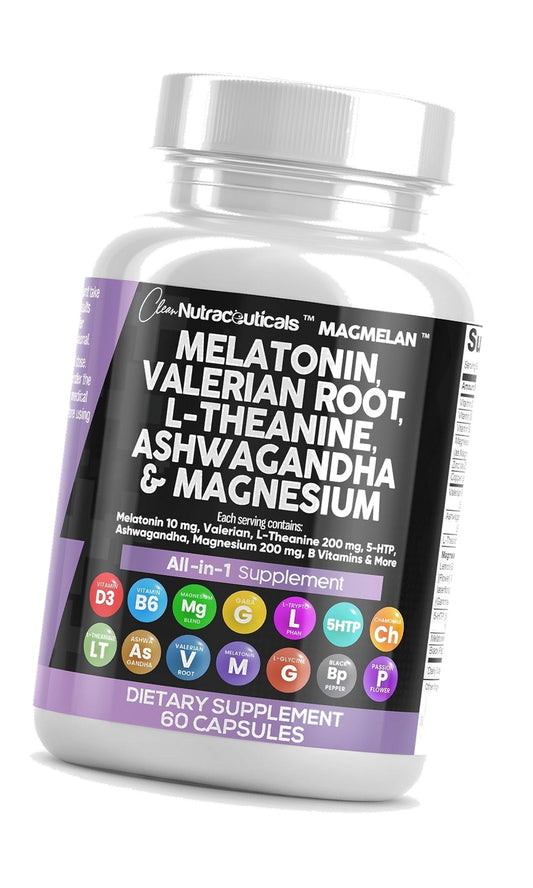 Clean Nutraceuticals Melatonin 10mg Valerian Root L Theanine 200mg Ashwagandha - Sleep Support for Women & Men with Magnesium Complex, Lemon Balm, Chamomile, & Passion Flower - 60 Caps