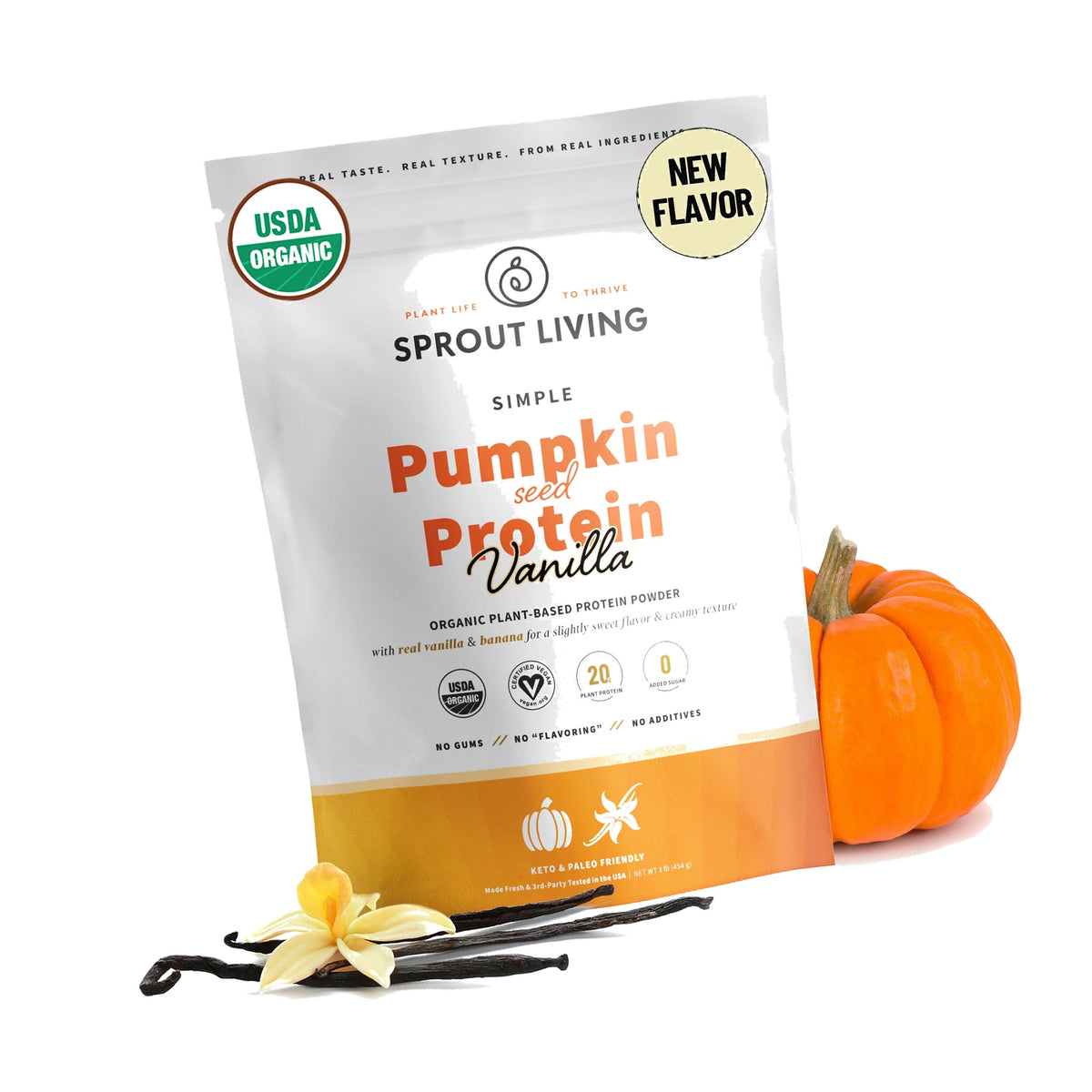 Sprout Living Organic Pumpkin Seed Protein Powder, Vanilla Flavor, 20 Grams of Plant Based Organic Protein Powder Without Sweeteners, Non-GMO, Dairy Free, Vegan, Gluten Free (1 Pound, 13 Servings)